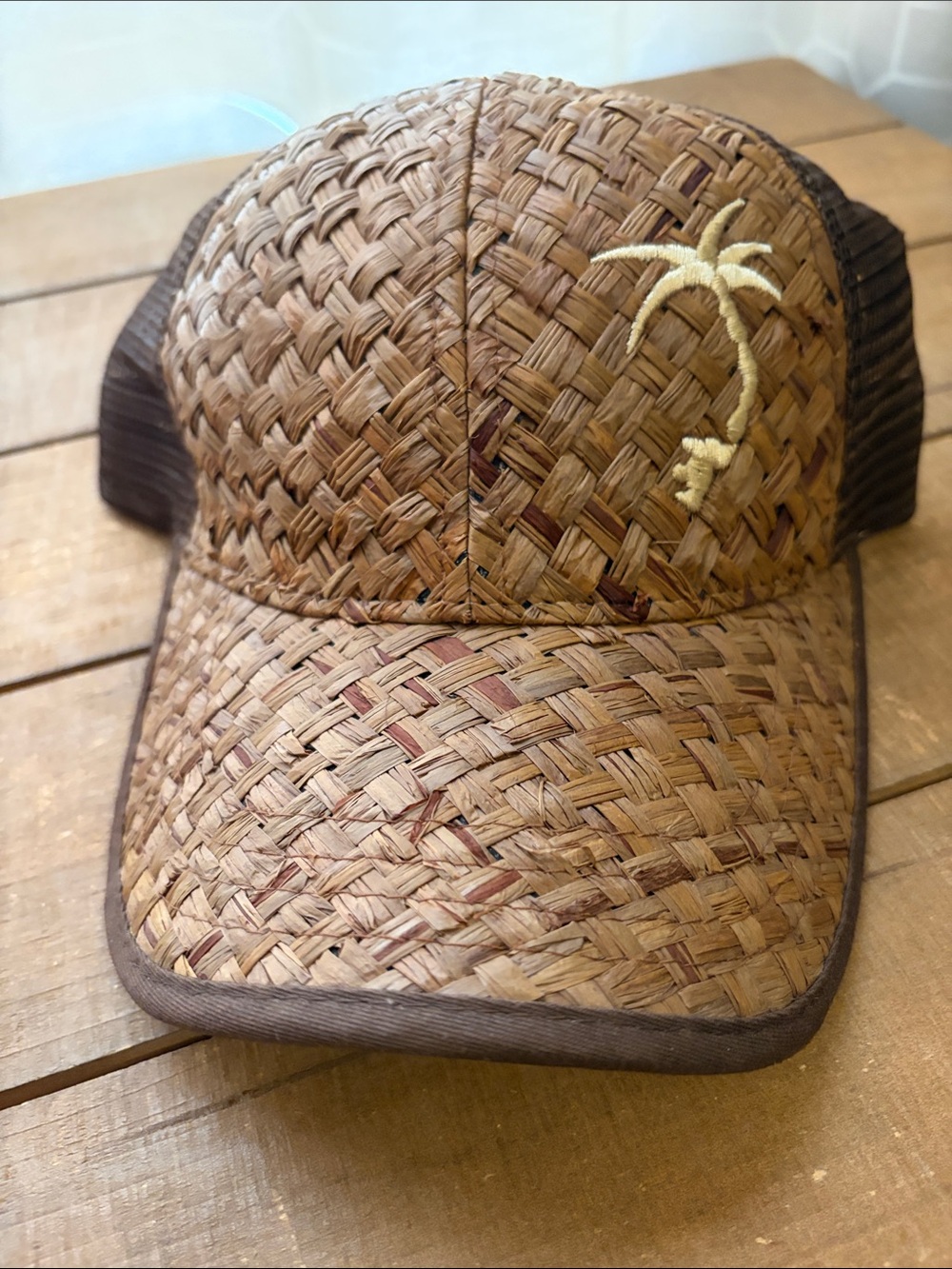 Woven Straw Palm Tree Trucker Hat - Brown